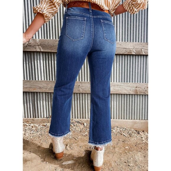 Womens High Waisted Flared Jeans Stretch Raw Hem Retro Wide Leg Pants - Picture 3 of 8